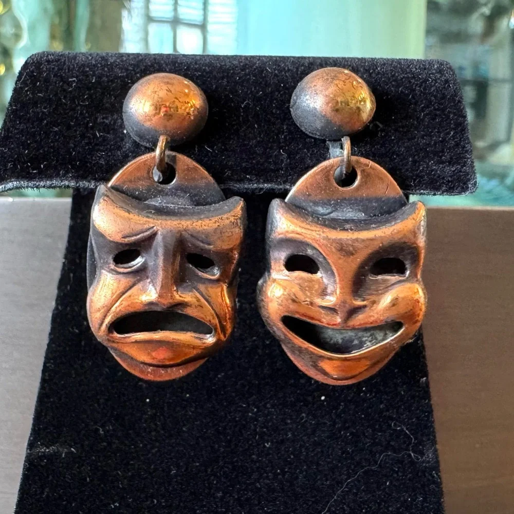 Vintage Copper Comedy and Tragedy Mask Earrings